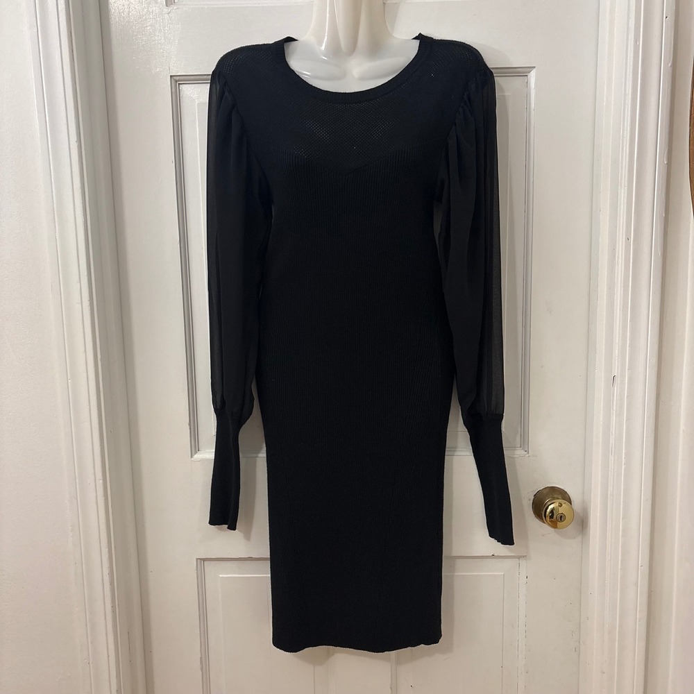 Cabi Sheer Sleeve Sweater Dress S Black Bodycon WItchy Evening Midi Goth LBD